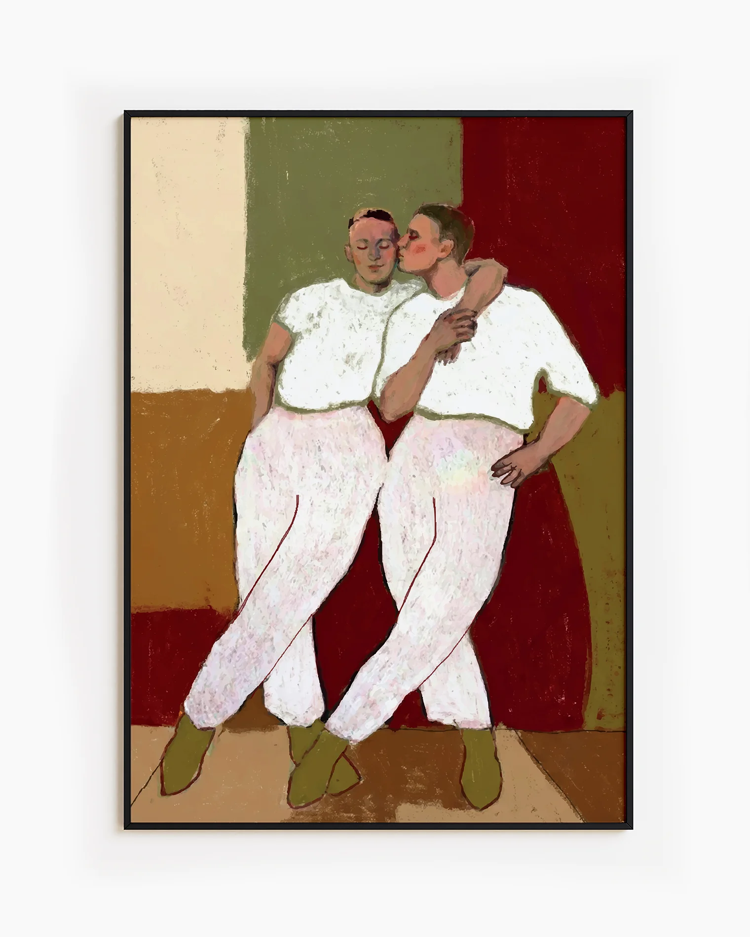 A framed poster with two gay men kissing each other on the cheek, abstract style.