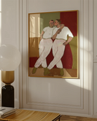 A framed poster with two gay men kissing each other on the cheek, abstract style.
