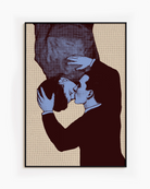 A framed poster with two gay men kissing, pop art style.