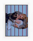 A framed print with a gay couple in the 1940's kissing on the floor. Vintage and retro style.