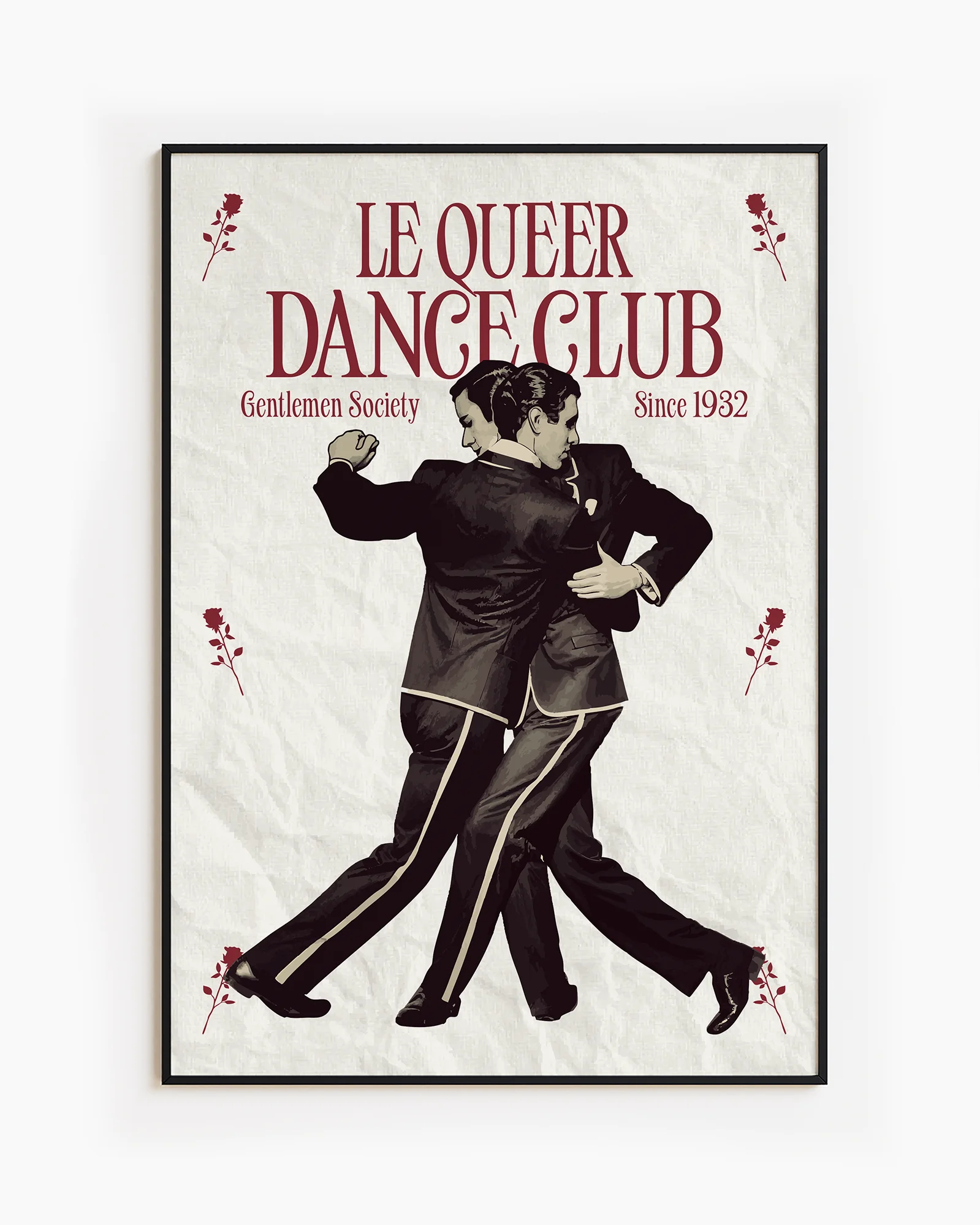 A framed print depicting two dancing gay men in a vintage, retro style, featuring the text “LE QUEER DANCECLUB” and “Gentlemen Society Since 1932.”