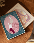 A print with a sapphic couple in the style of Rococo Baroque.