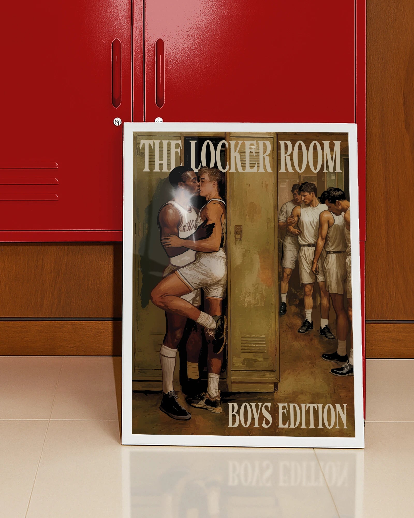 A framed poster depicting two men kissing, hidden behind a locker in a changing room, dressed in basketball gear, while the rest of the team prepares around the corner, 1960's vintage style.