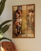 A framed poster depicting two men kissing, hidden behind a locker in a changing room, dressed in basketball gear, while the rest of the team prepares around the corner, 1960's vintage style.
