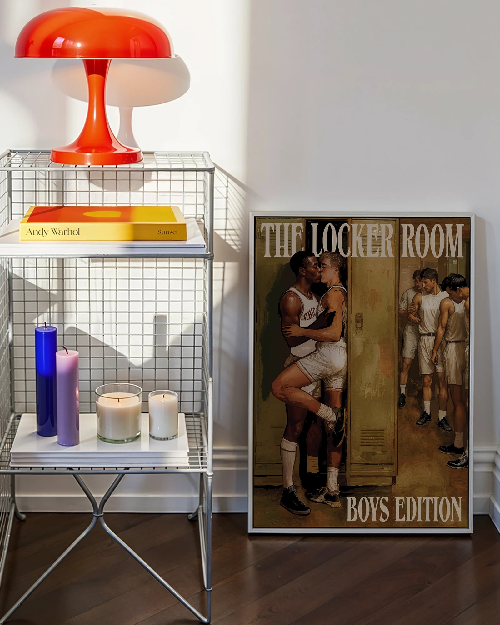 A framed poster depicting two men kissing, hidden behind a locker in a changing room, dressed in basketball gear, while the rest of the team prepares around the corner, 1960's vintage style.