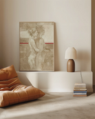 A framed poster with a lesbian, naked couple, abstract painting style.
