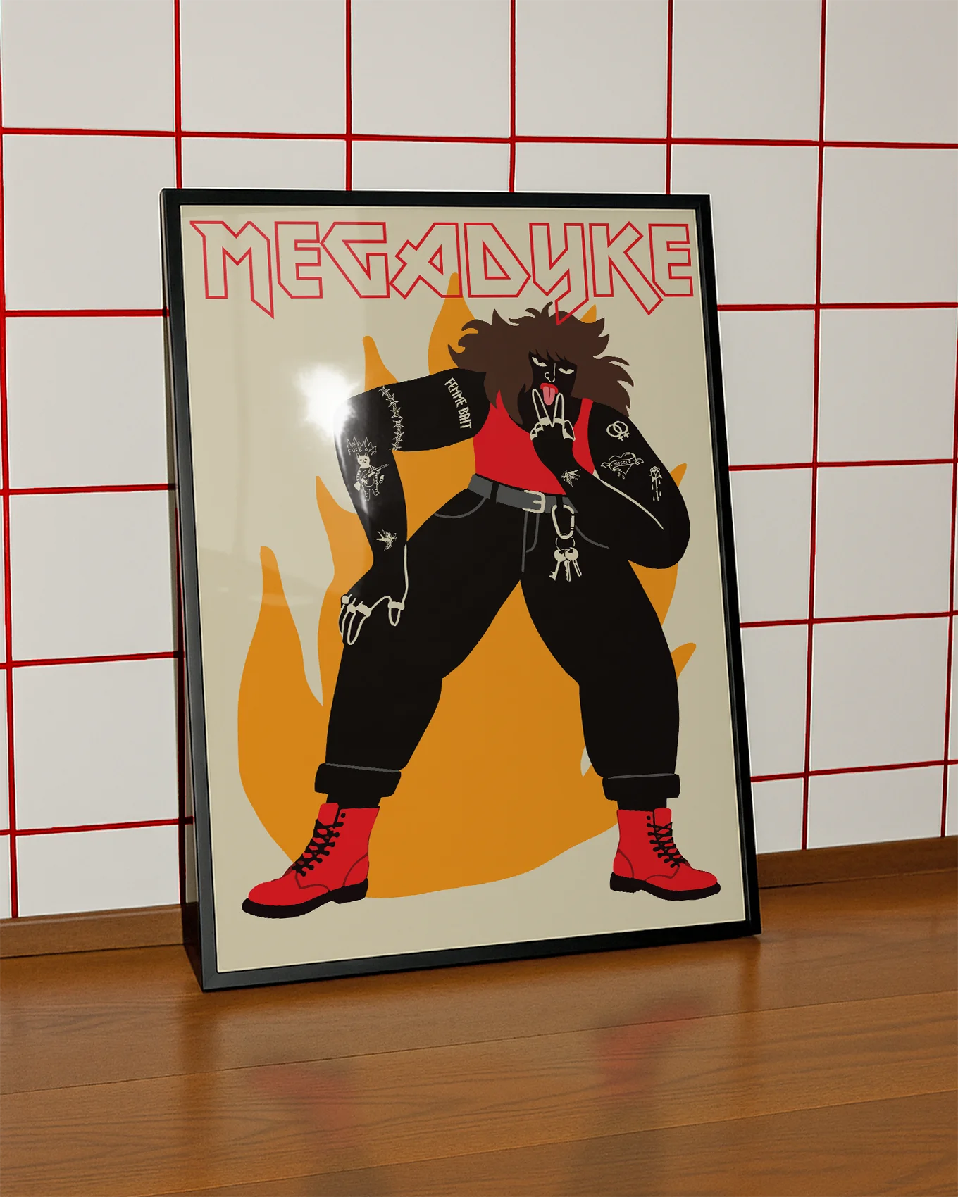 A poster with an illustrated lesbian with the text MEGADYKE.