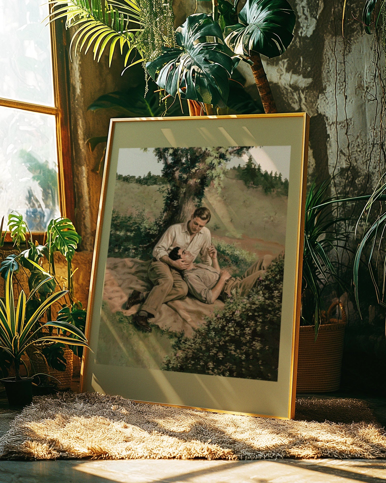 A framed poster with two men cuddling in a park. Vintage, oil painting style.