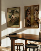 A framed poster with two men cuddling in a park. Vintage, oil painting style.