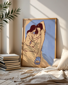 A framed poster with a lesbian, naked couple in an abstract style.