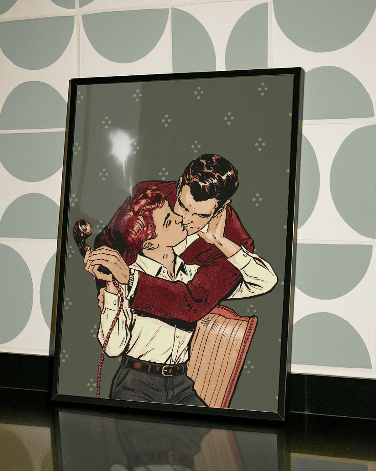 A poster with two gay men kissing, vintage style.