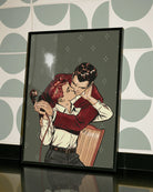 A poster with two gay men kissing, vintage style.