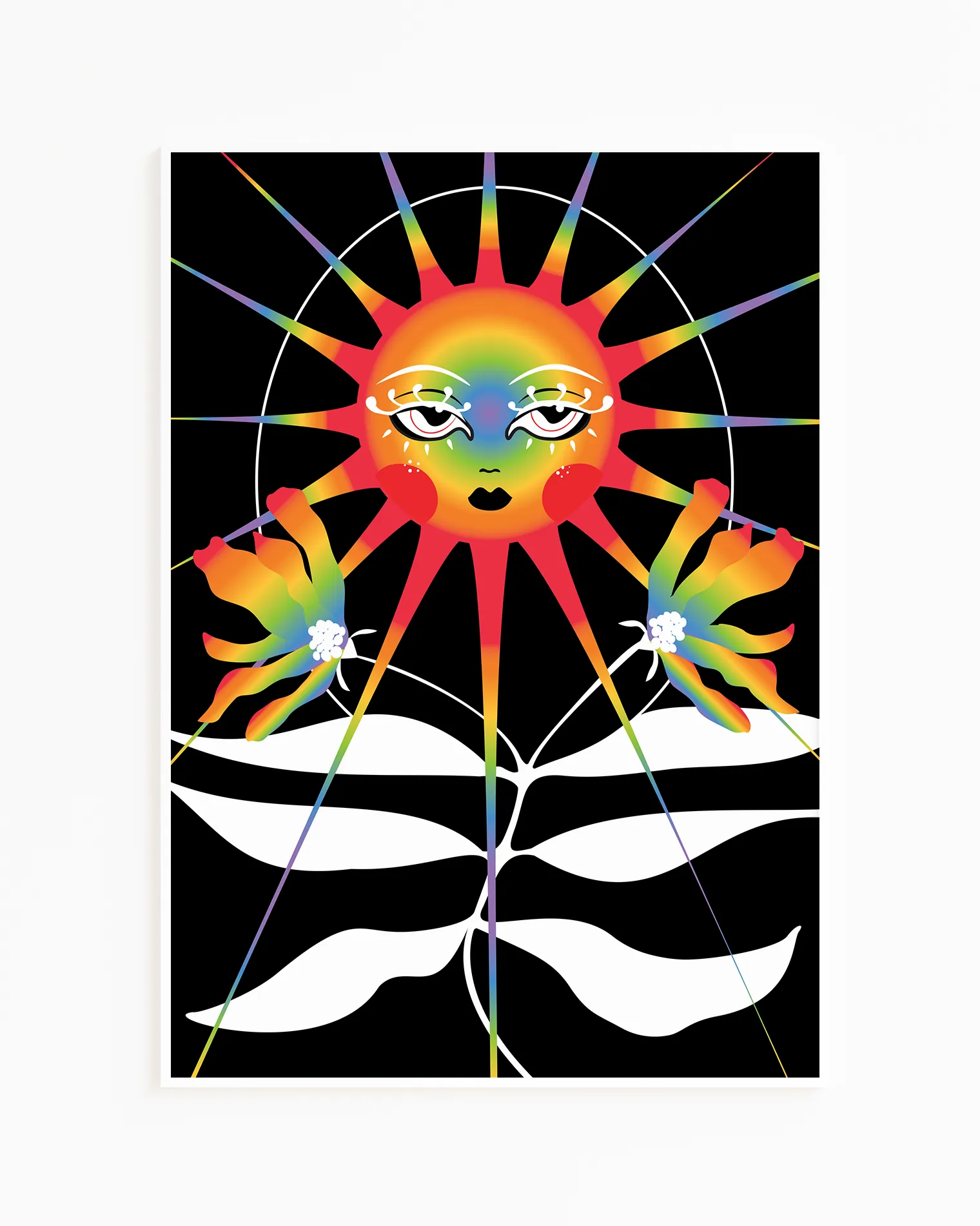 A print with a retrostyled sun in pride colours shining over pride colored flowers.