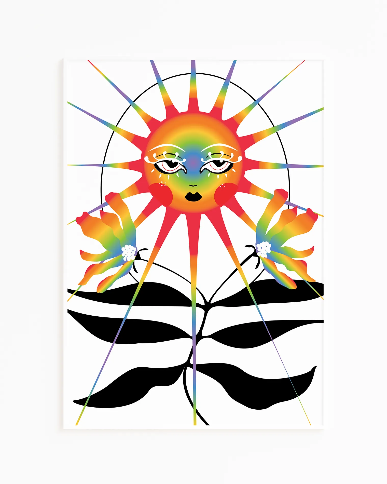 A print with a retrostyled sun in pride colours shining over pride colored flowers.