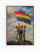 A framed poster with three gay men raising a Pride flag together, symbolizing unity, courage, and the ongoing fight for LGBTQIA+ rights.