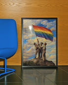 A framed poster with three gay men raising a Pride flag together, symbolizing unity, courage, and the ongoing fight for LGBTQIA+ rights.
