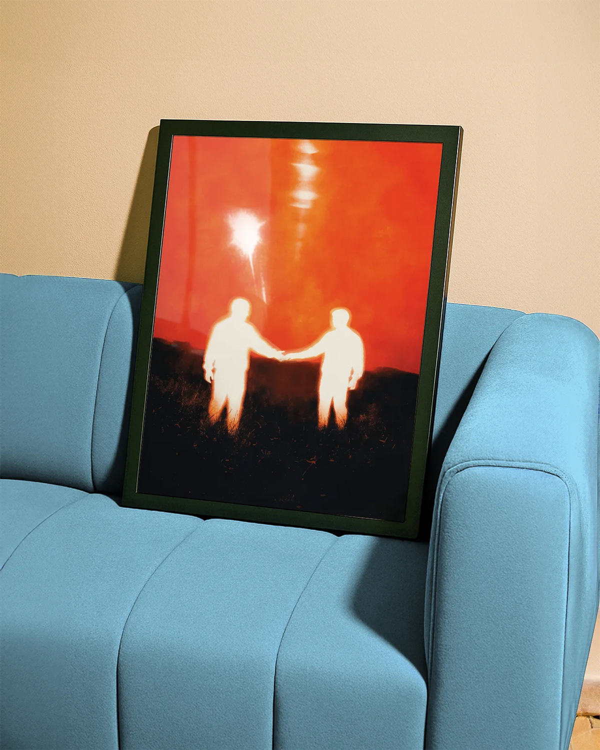 A poster of two men reaching out to each other.