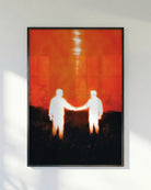 A poster of two men reaching out to each other.