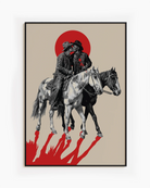A poster with two riding cowboys, kissing.