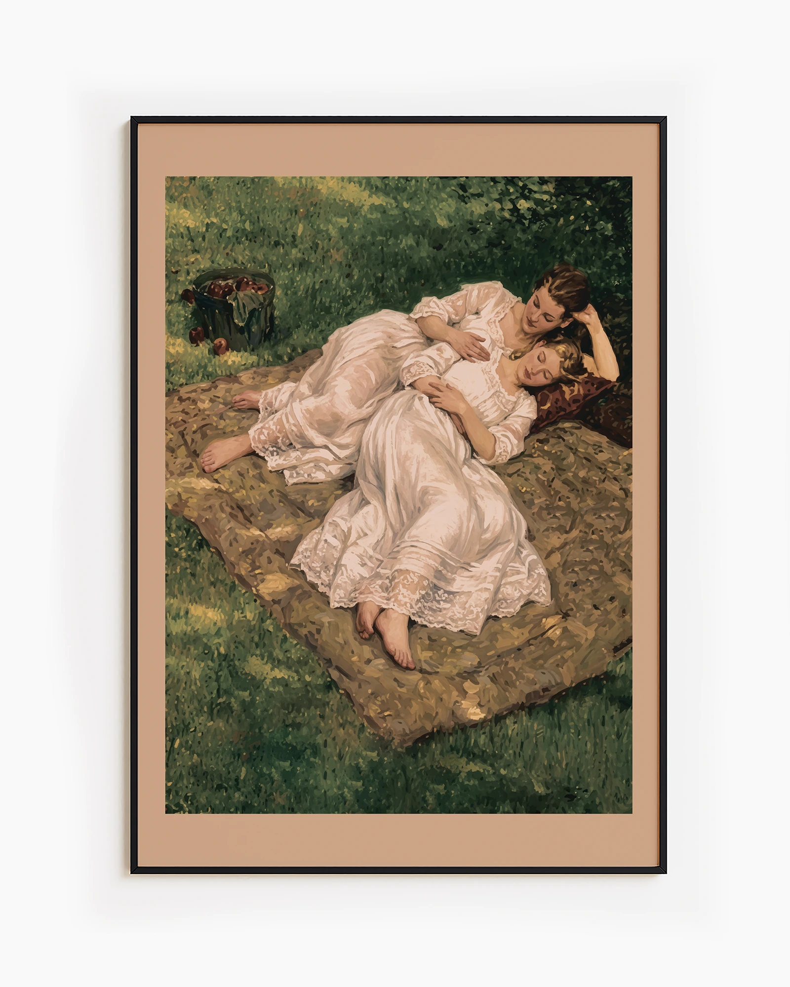 En tavla med två lesbiska kvinnor i den viktorianska eran, liggandes och kramandes på en filt i en park, sommartid.