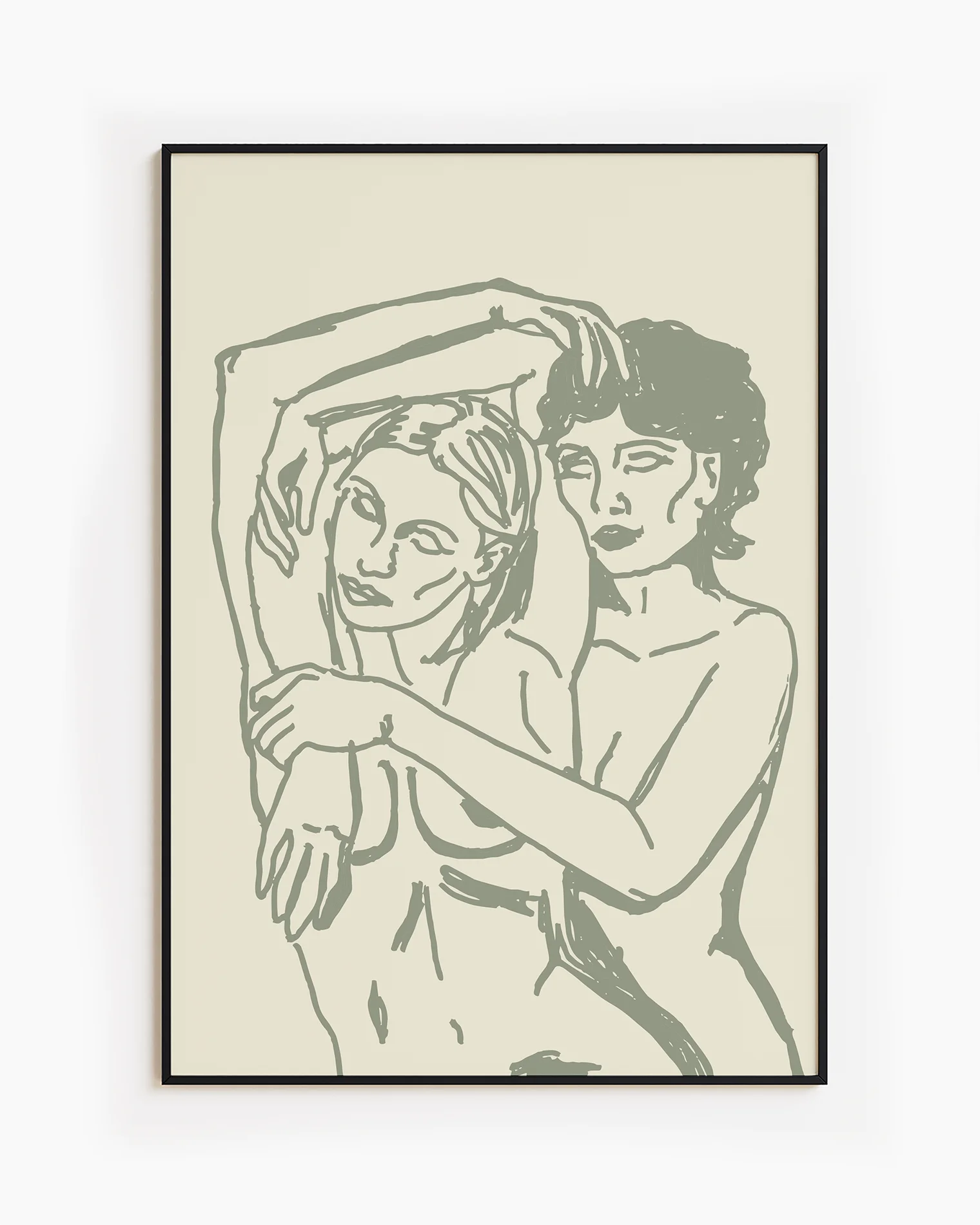 Postern föreställer ett två nakna kvinnor i en kram, i linjär och minimalistisk stil.