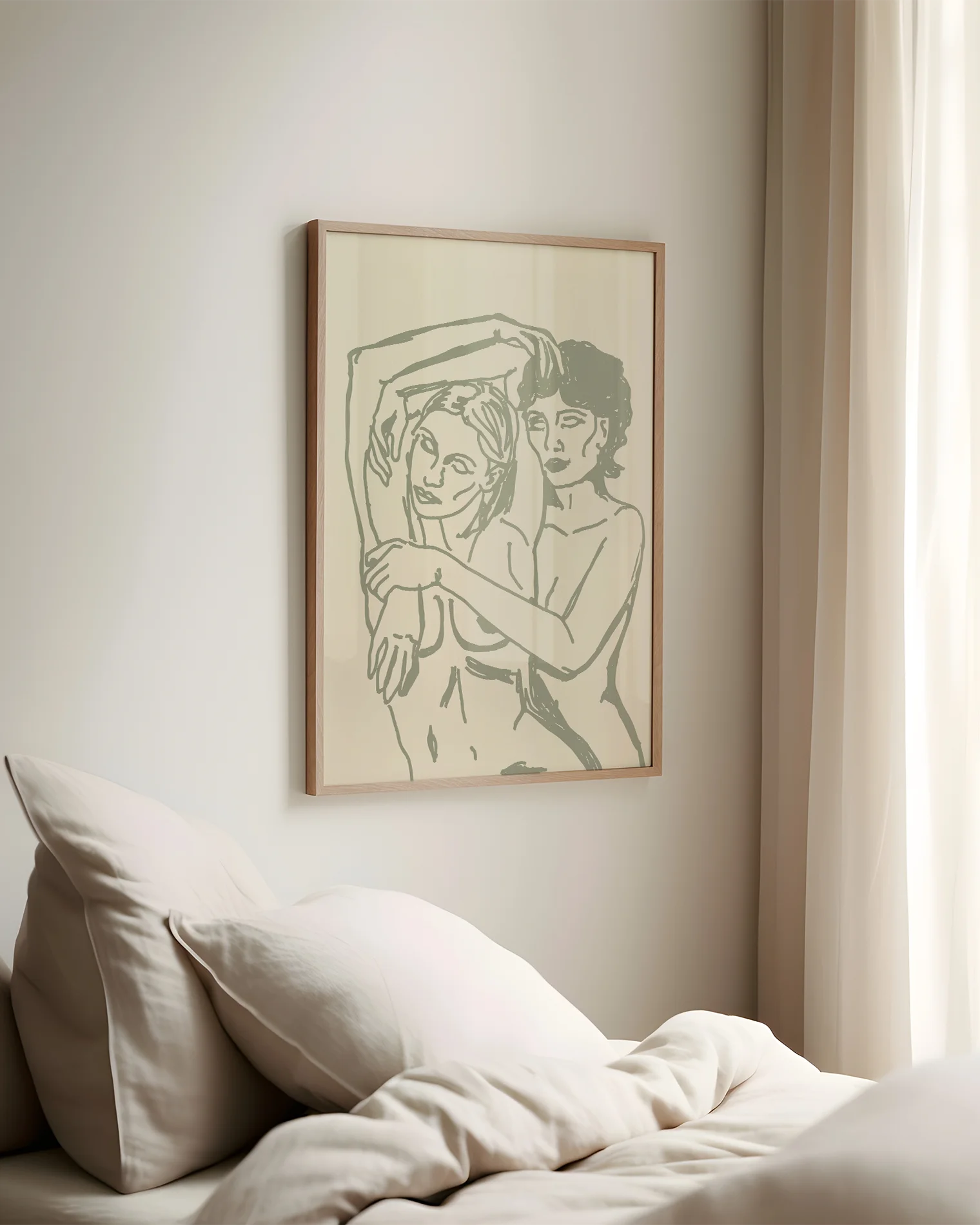 Postern föreställer ett två nakna kvinnor i en kram, i linjär och minimalistisk stil.