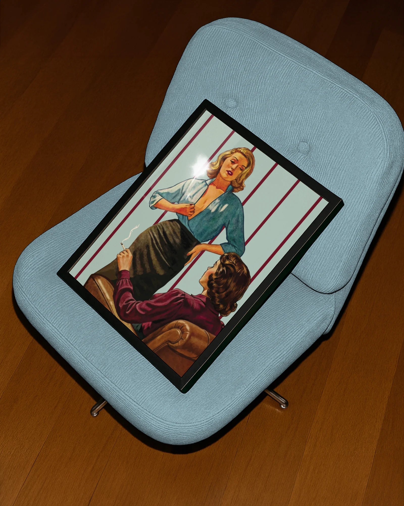 A framed poster with a sapphic couple seducing each other, 1940's style.