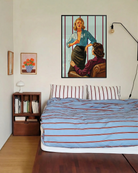 A framed poster with a sapphic couple seducing each other, 1940's style.