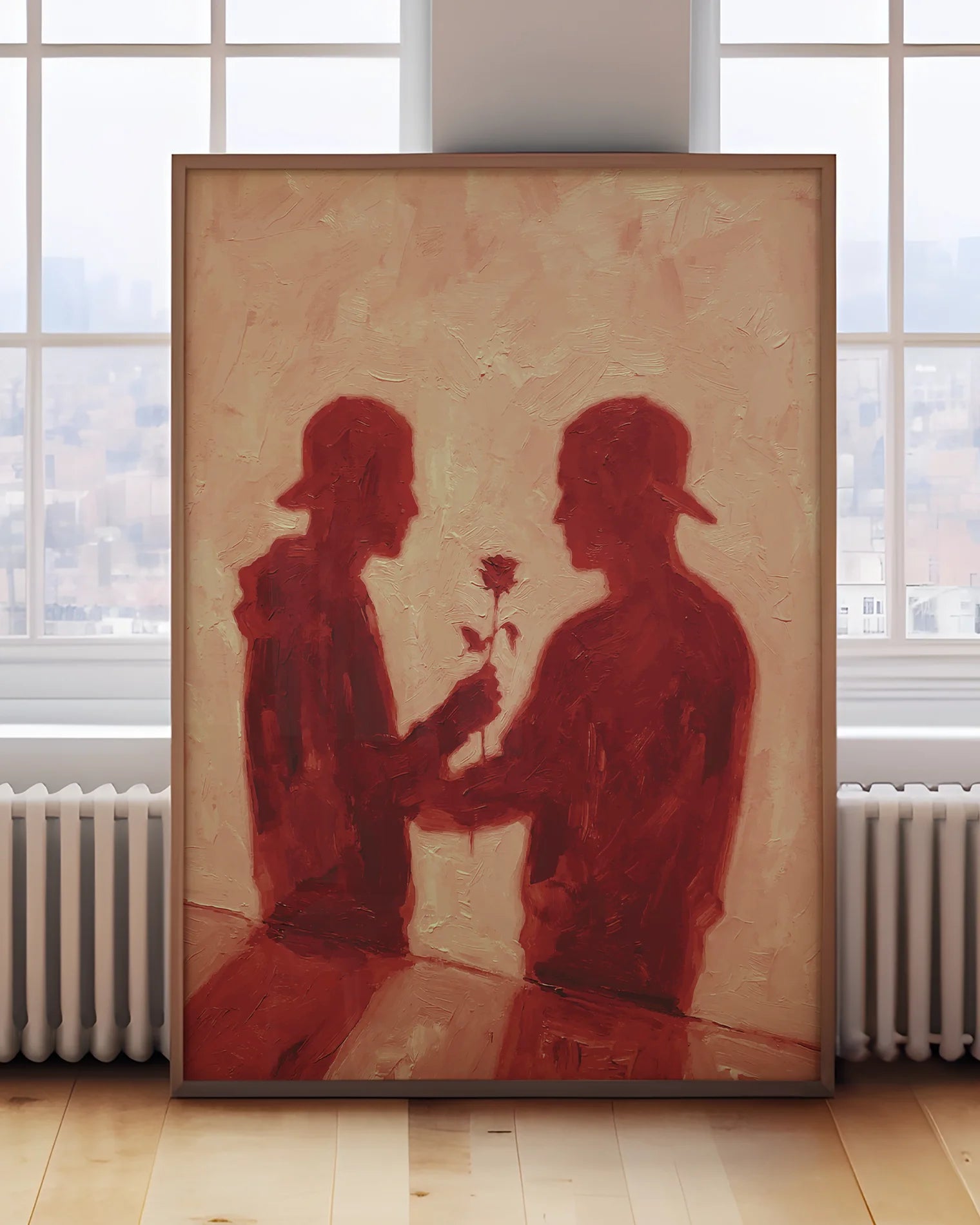 Postern föreställer två män som ger varann en ros, vars skuggor reflekteras mot en vägg.