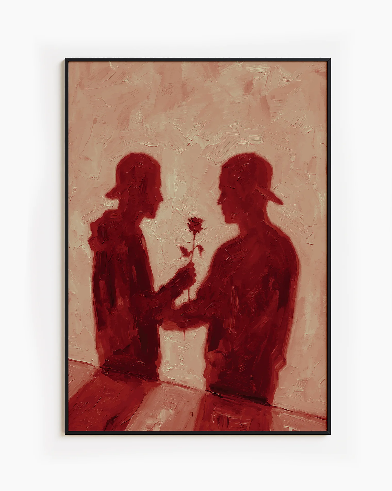 Postern föreställer två män som ger varann en ros, vars skuggor reflekteras mot en vägg.