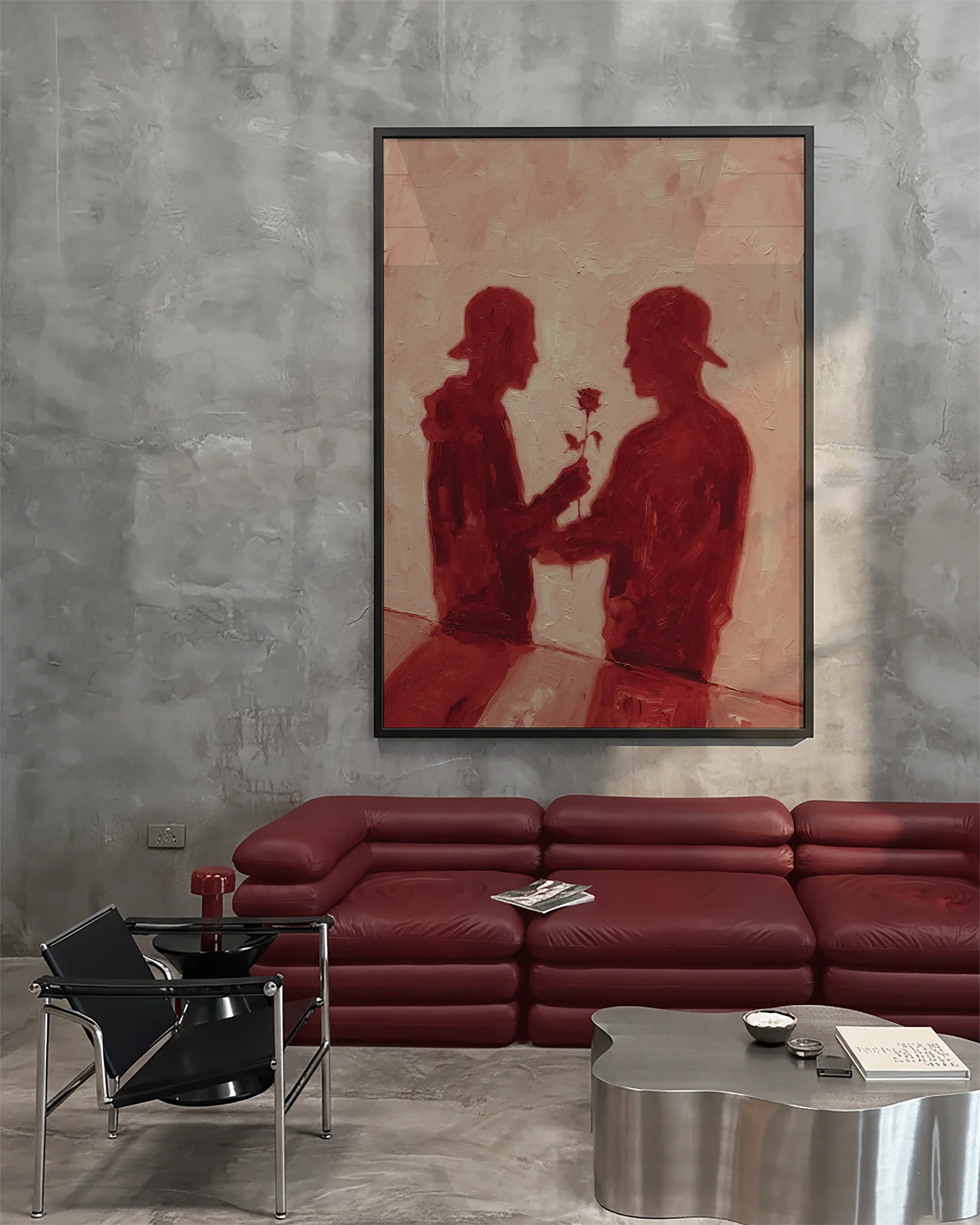 Postern föreställer två män som ger varann en ros, vars skuggor reflekteras mot en vägg.