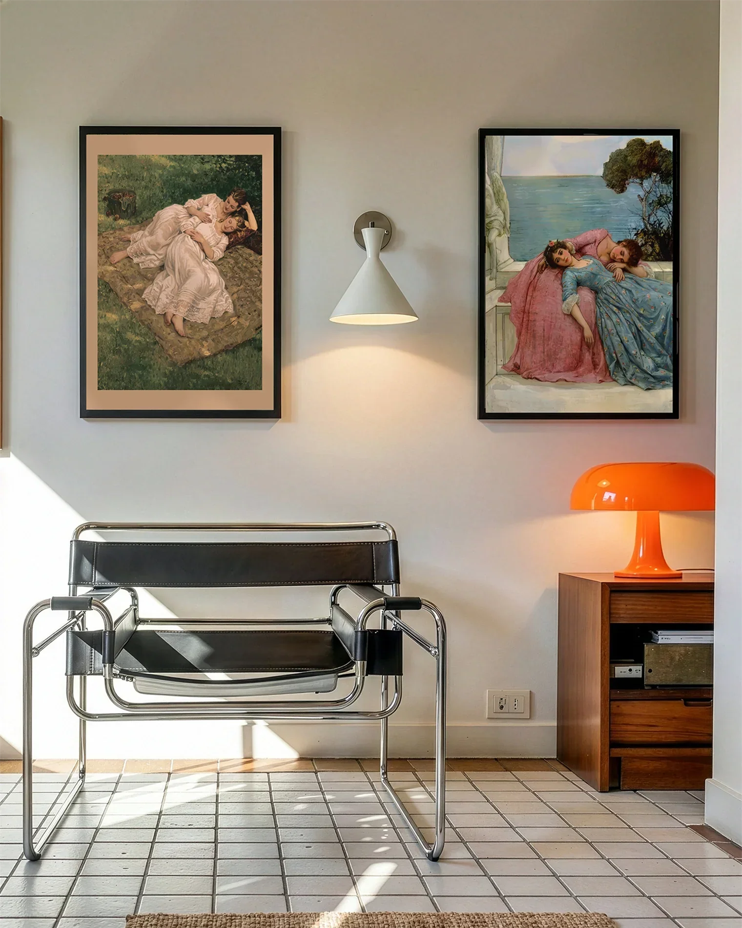 A gallery wall with several framed, queer posters in a living room.