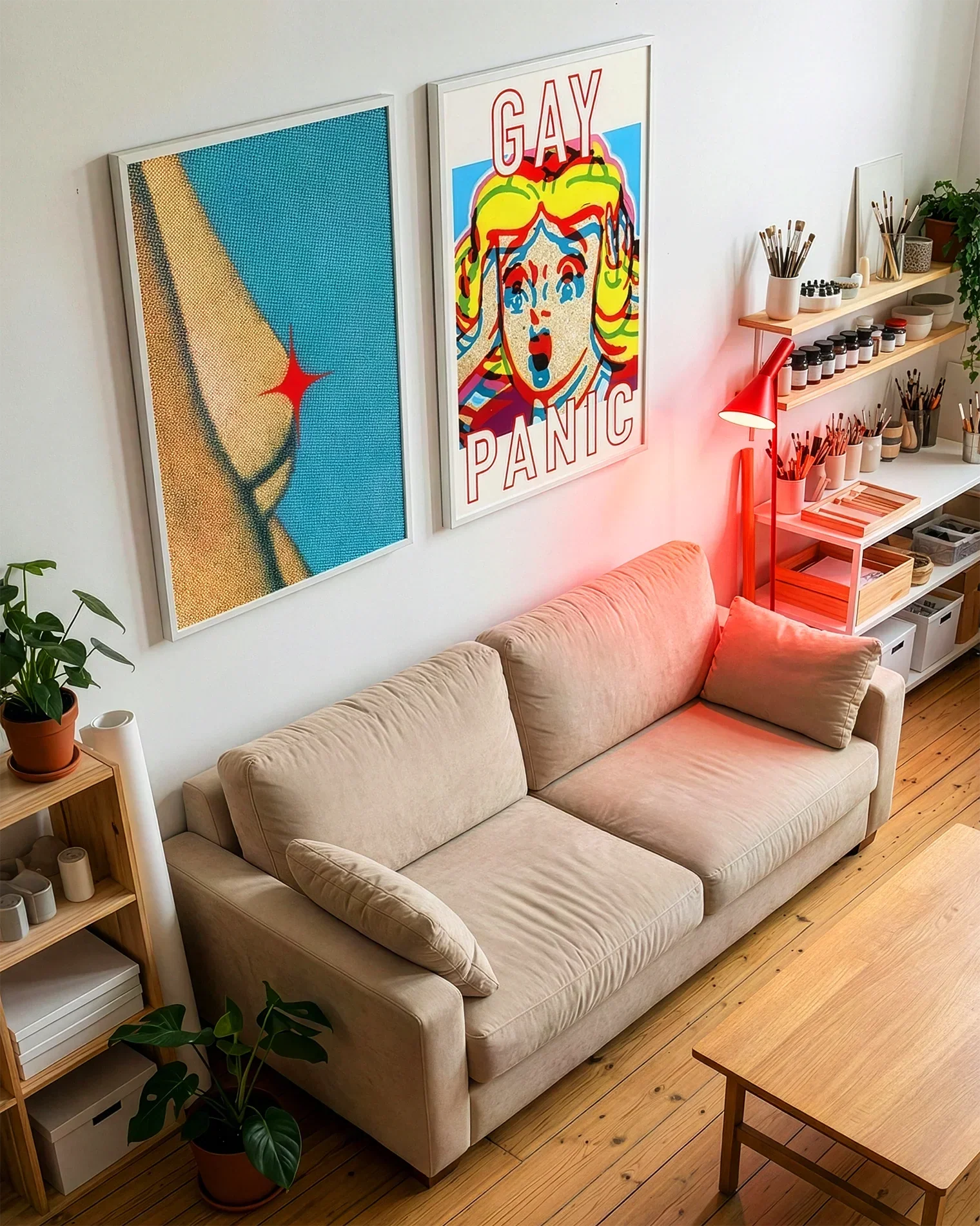 A gallery wall with several framed, queer posters in a living room.