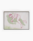 An abstract, landscape formatted poster with two gay men laying down cuddling.