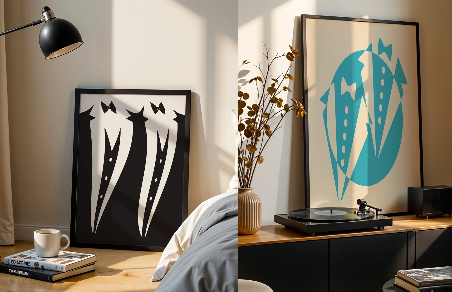 Two framed posters with illustrated suits.