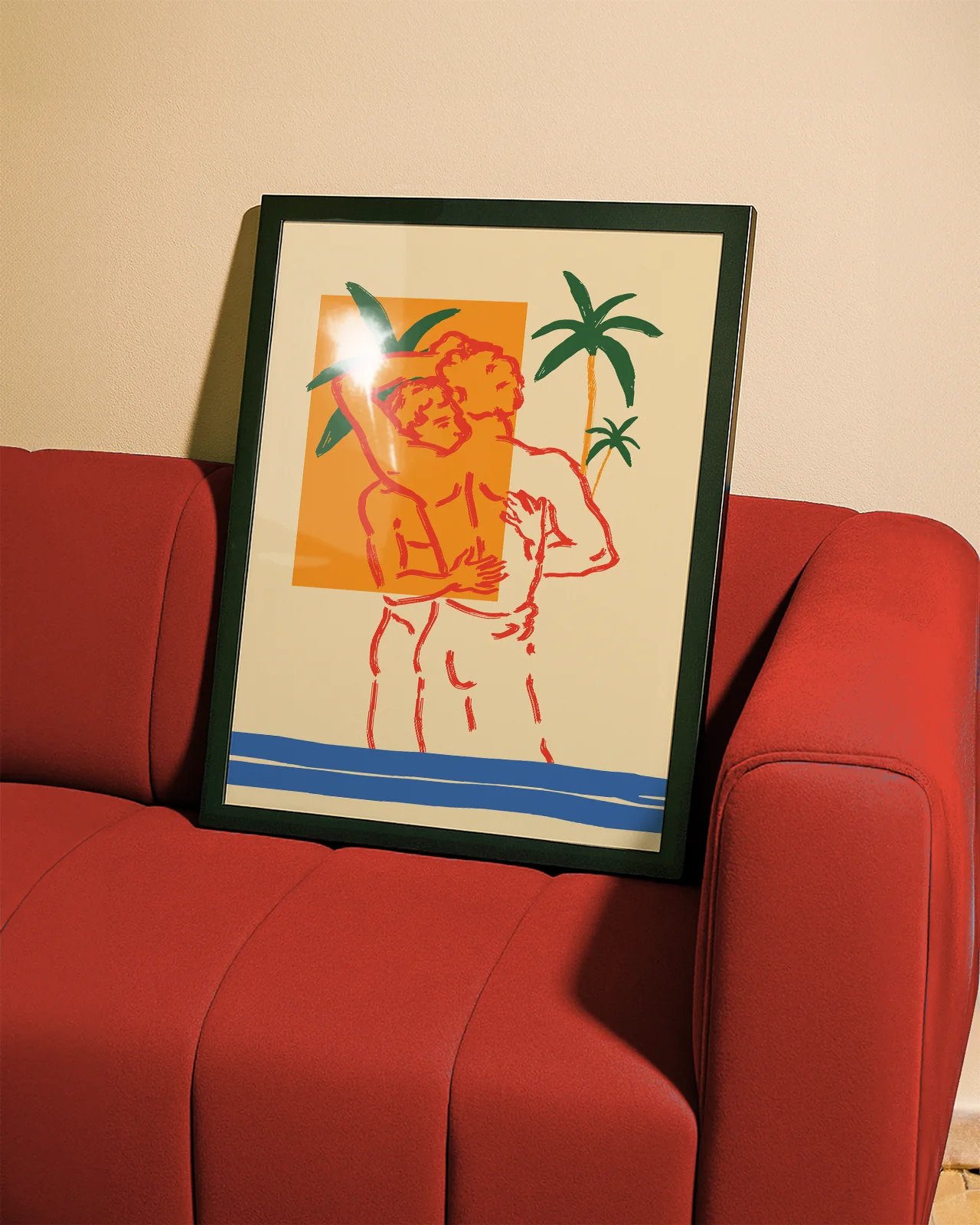 An abstract gay poster of two men hugging at the beach.