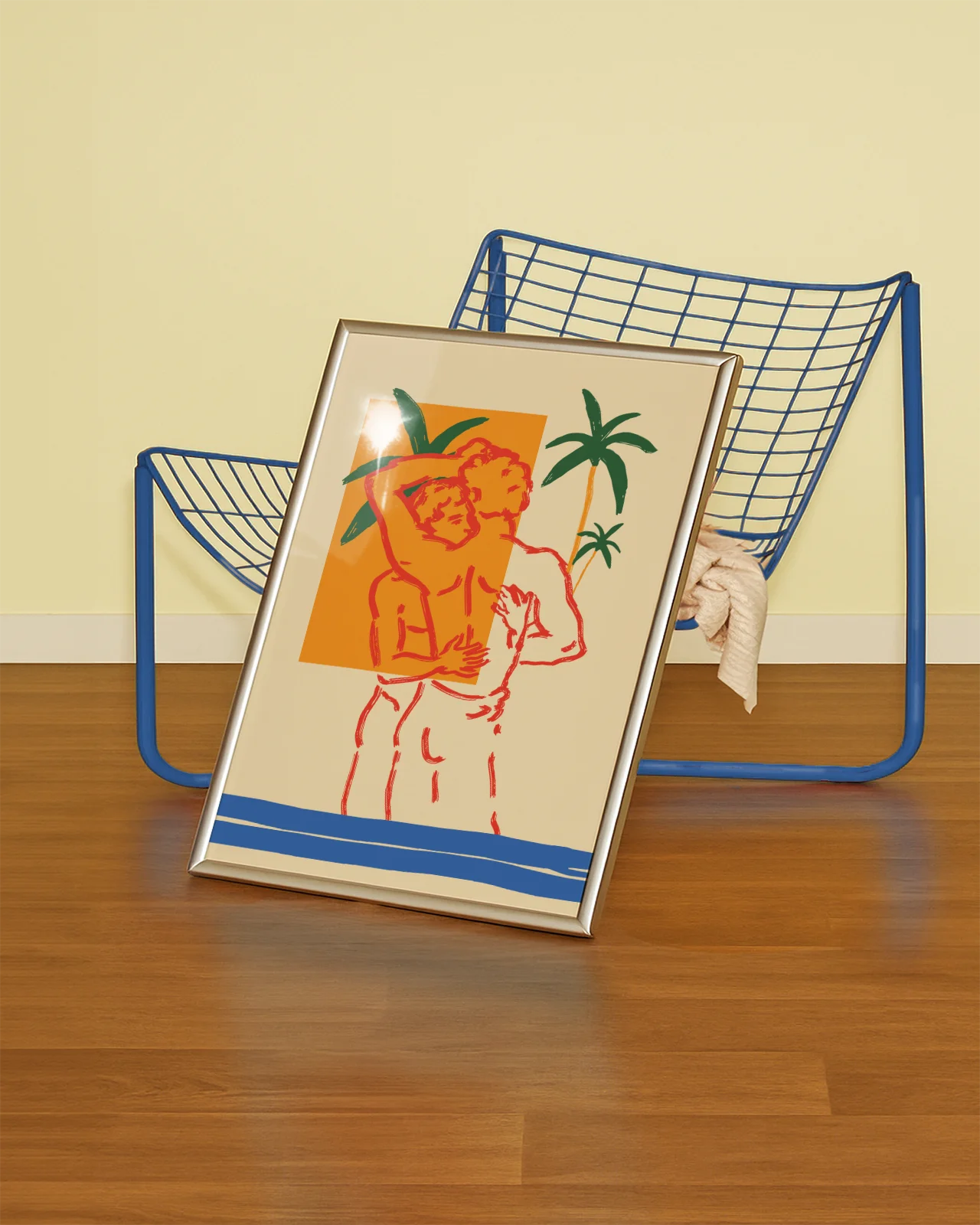 An abstract gay poster of two men hugging at the beach.