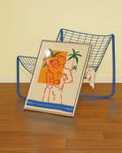 An abstract gay poster of two men hugging at the beach.