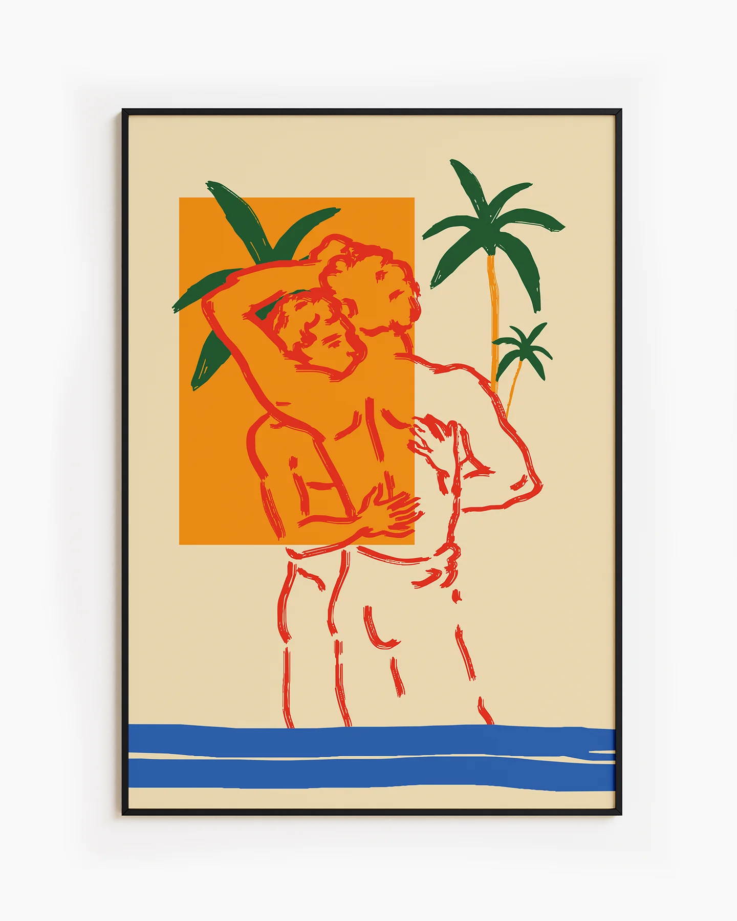 An abstract gay poster of two men hugging at the beach.
