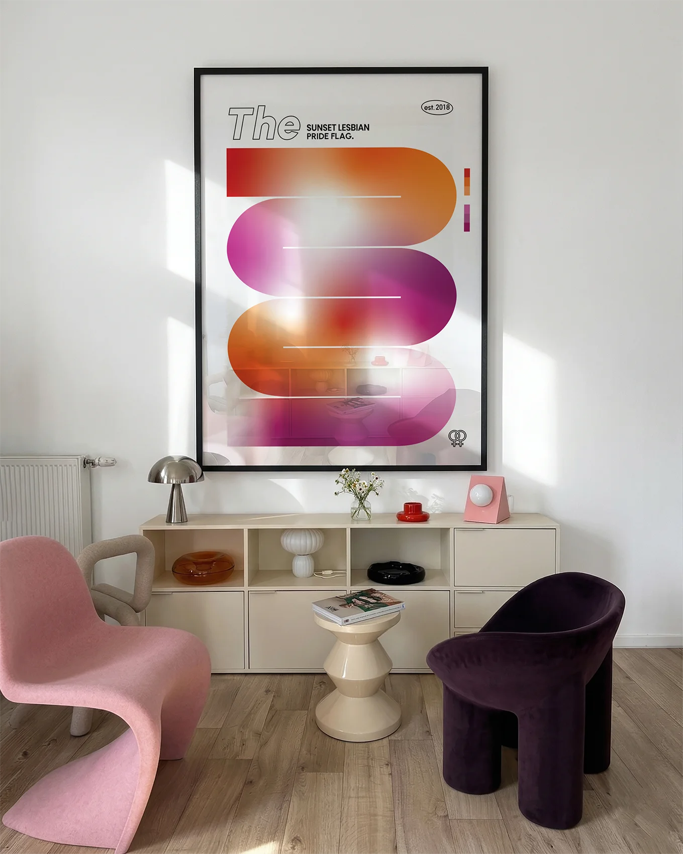 A poster of the lesbian sunset pride flag.