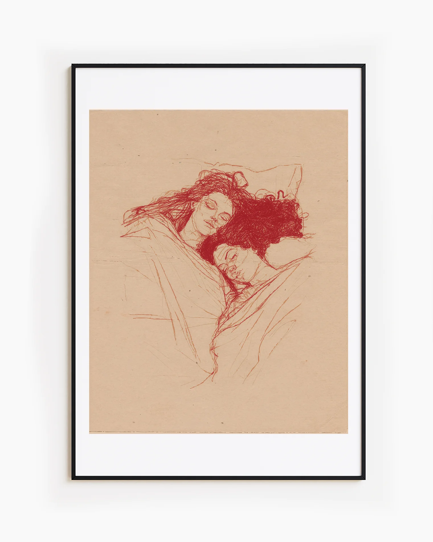A framed poster with a lesbian couple sleeping under a blanket, sketch style.