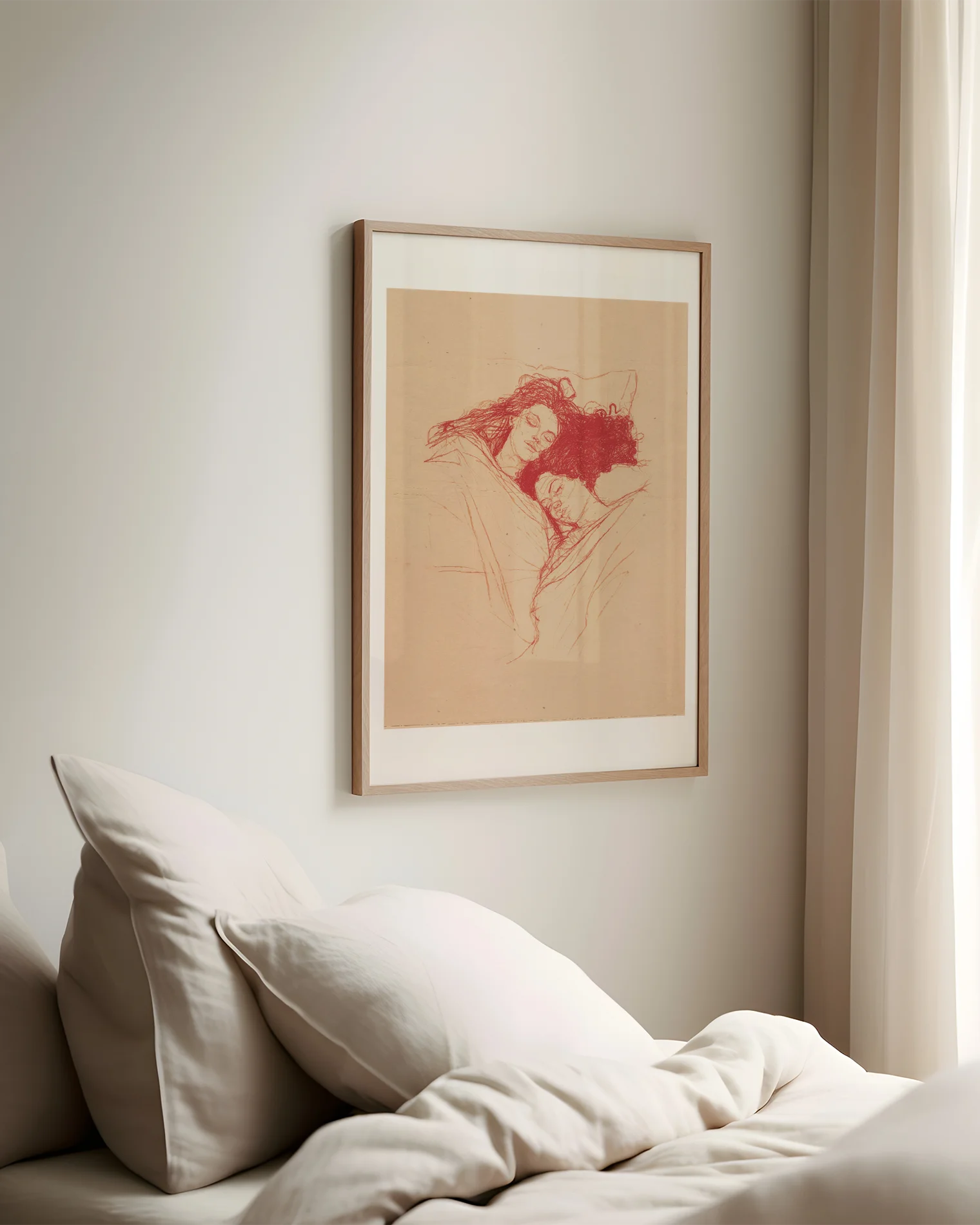 A framed poster with a lesbian couple sleeping under a blanket, sketch style.