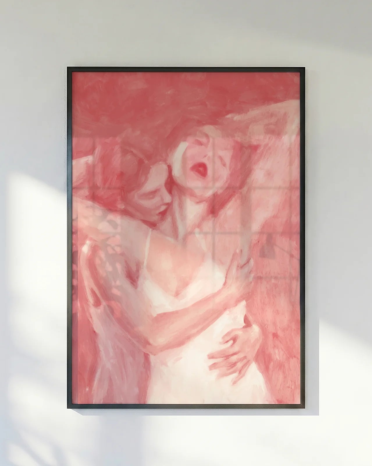 A poster with two ladies hugging, abstract and pink.