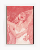 A poster with two ladies hugging, abstract and pink.