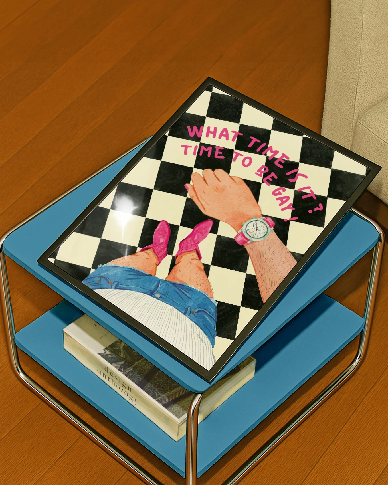 A poster of a cowboy in pink boots, looking as his watch with the text 'What time is it? Time to be gay!'