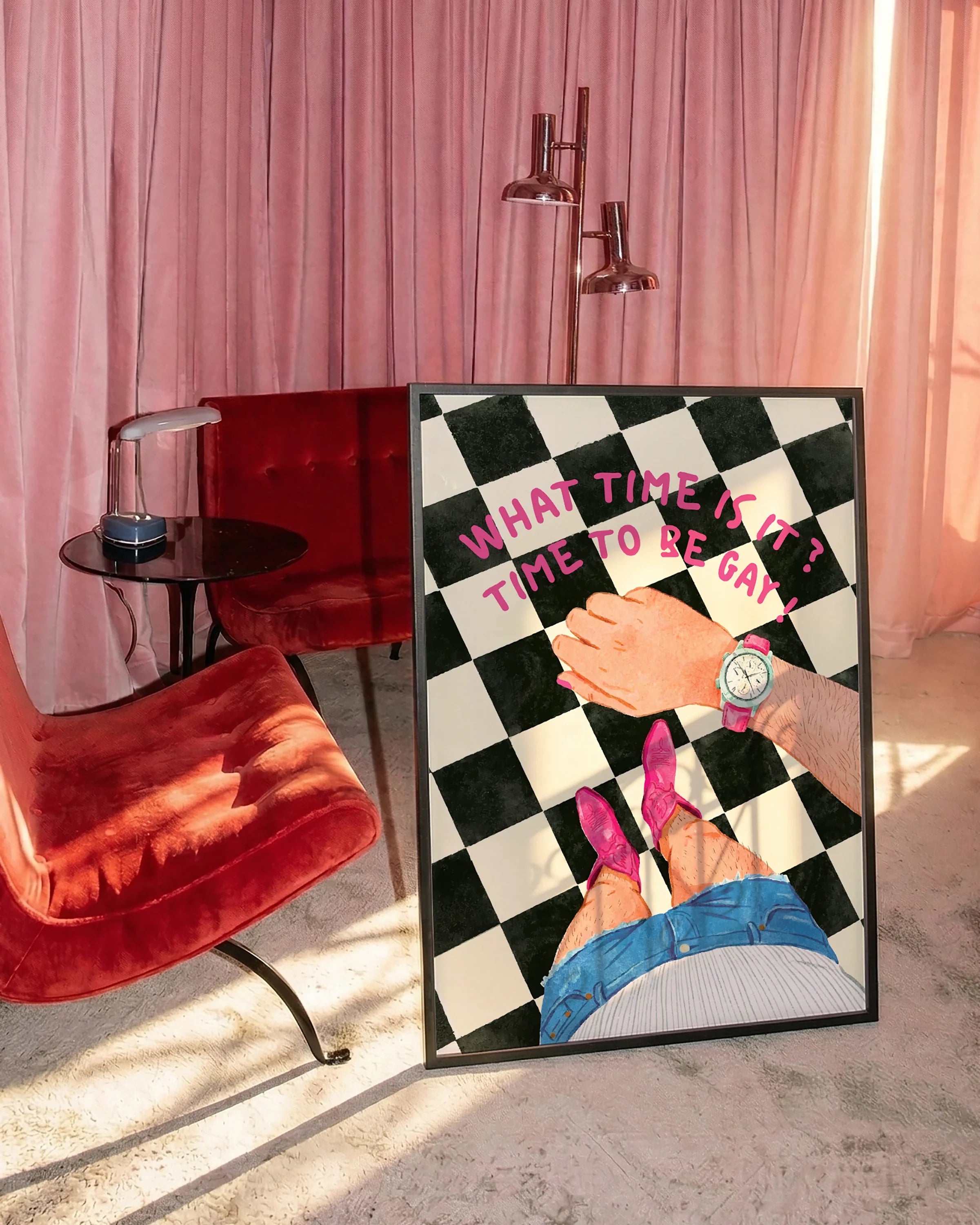 A poster of a cowboy in pink boots, looking as his watch with the text 'What time is it? Time to be gay!'