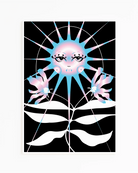 Poster with a retrostyled sun in trans colours blue, white and pink.