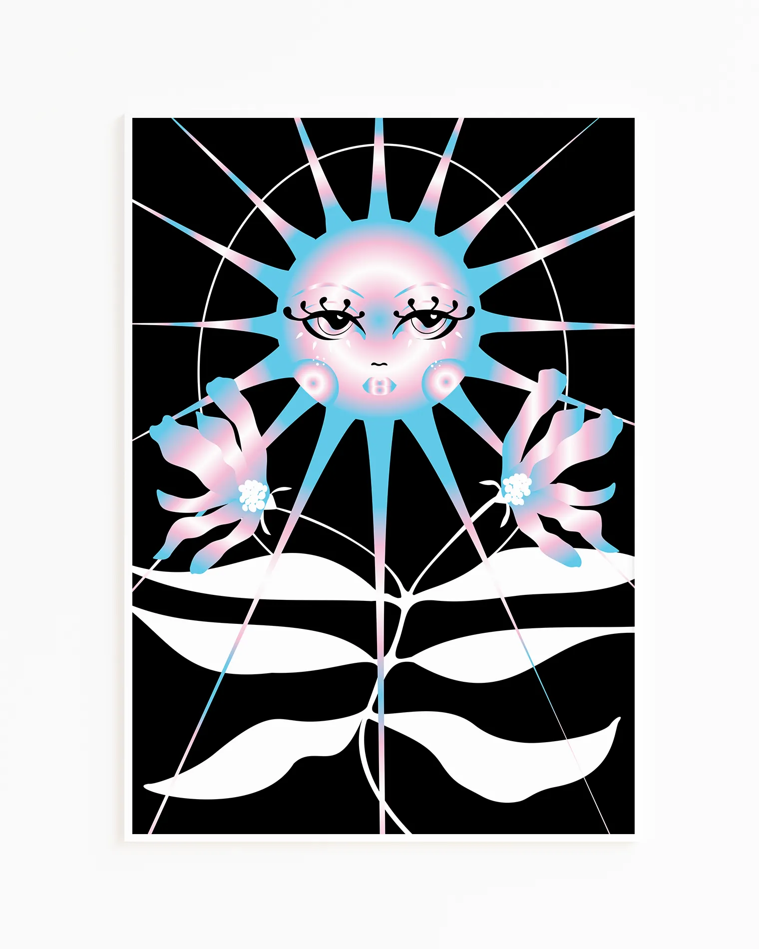 Poster with a retrostyled sun in trans colours blue, white and pink.