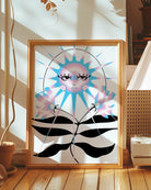 Poster with a retrostyled sun in trans colours blue, white and pink.