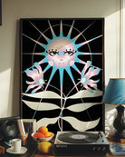 Poster with a retrostyled sun in trans colours blue, white and pink.